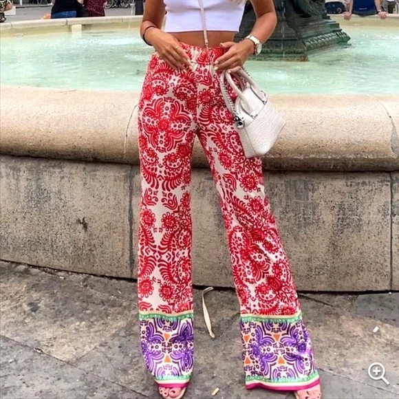 Zara * satin red printed wide leg pants Size XS - Picture 1 of 13